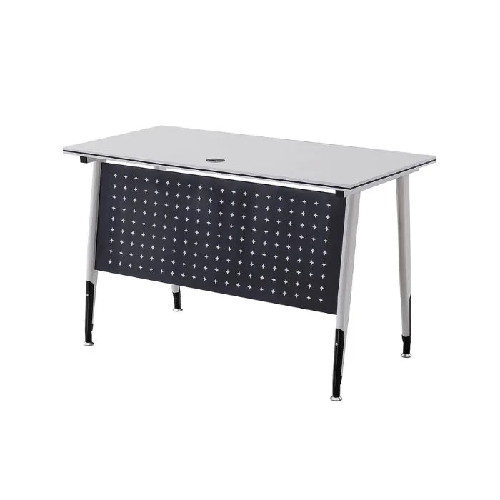 Modern office desk with black perforated side panel and glass top on a white background