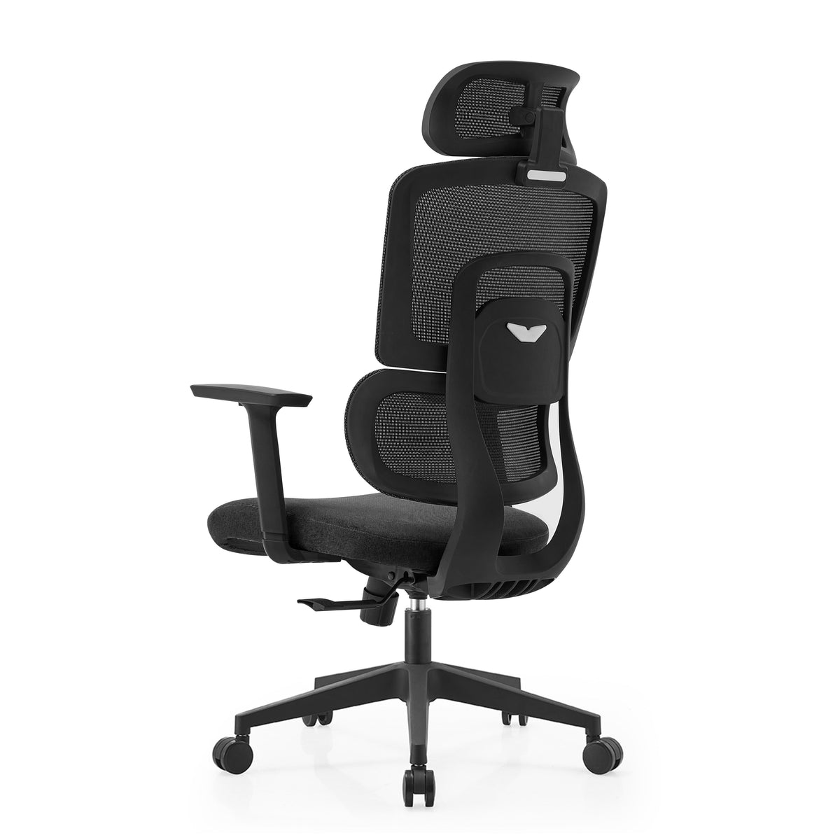 Black office chair with mesh backrest on a white background