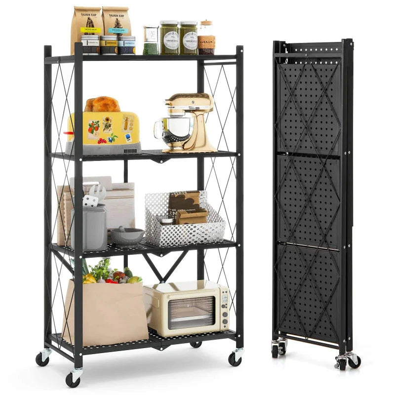 Foldable Shelving Unit 4-Tier Storage Shelf With Wheels