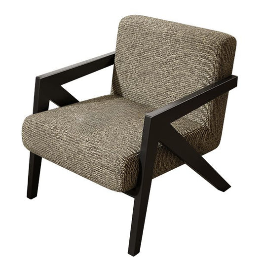 Chair with brown fabric seat and backrest and black wooden frame on a white background