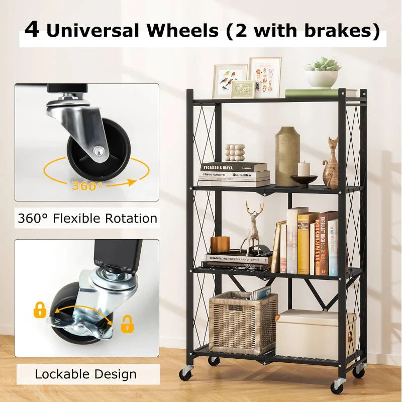 Foldable Shelving Unit 4-Tier Storage Shelf With Wheels