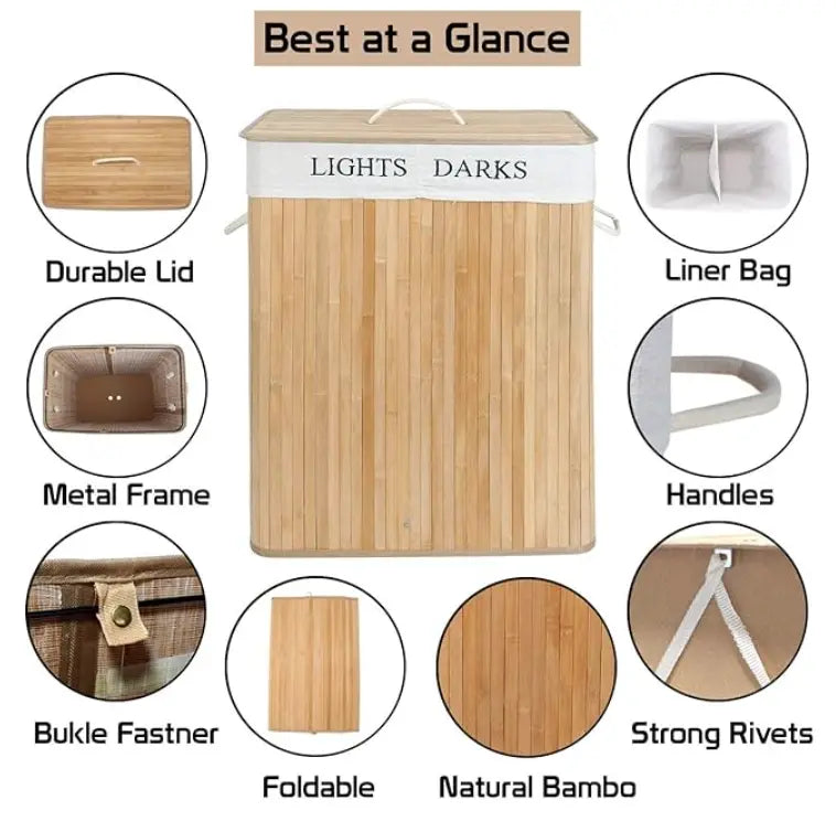 Bamboo Laundry Basket in 2  Compartments - Laundry Hamper with Lid +  Relaxio.