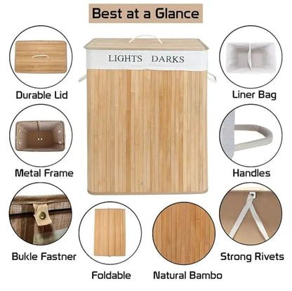 Bamboo Laundry Basket in 2  Compartments - Laundry Hamper with Lid +  Relaxio.