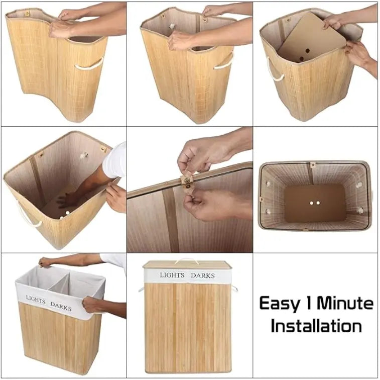 Bamboo Laundry Basket in 2  Compartments - Laundry Hamper with Lid +  Relaxio.