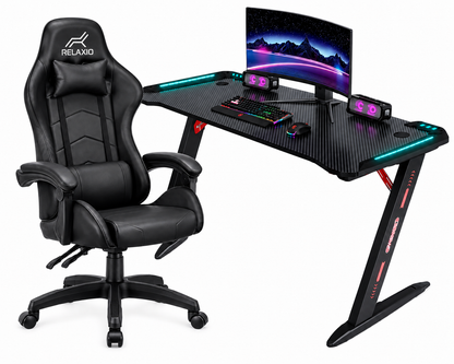 Gaming Desk with RGB Lights & Relaxio Gaming Chair – Black Combo set