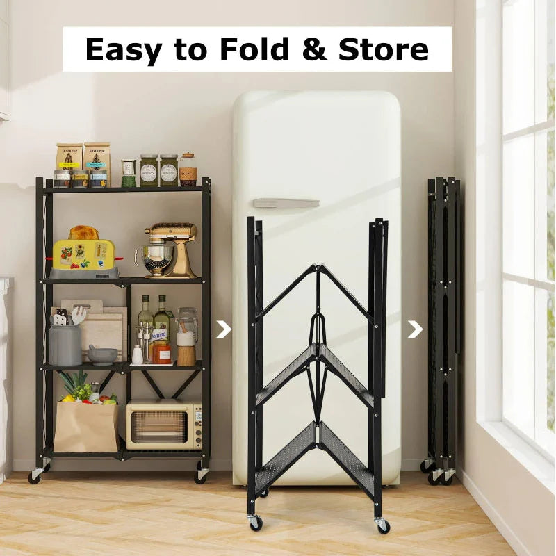 Foldable Shelving Unit 4-Tier Storage Shelf With Wheels