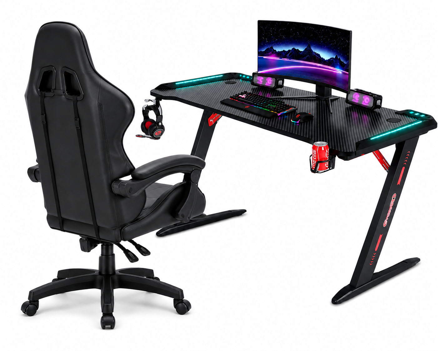 Gaming Desk with RGB Lights & Relaxio Gaming Chair – Black Combo set
