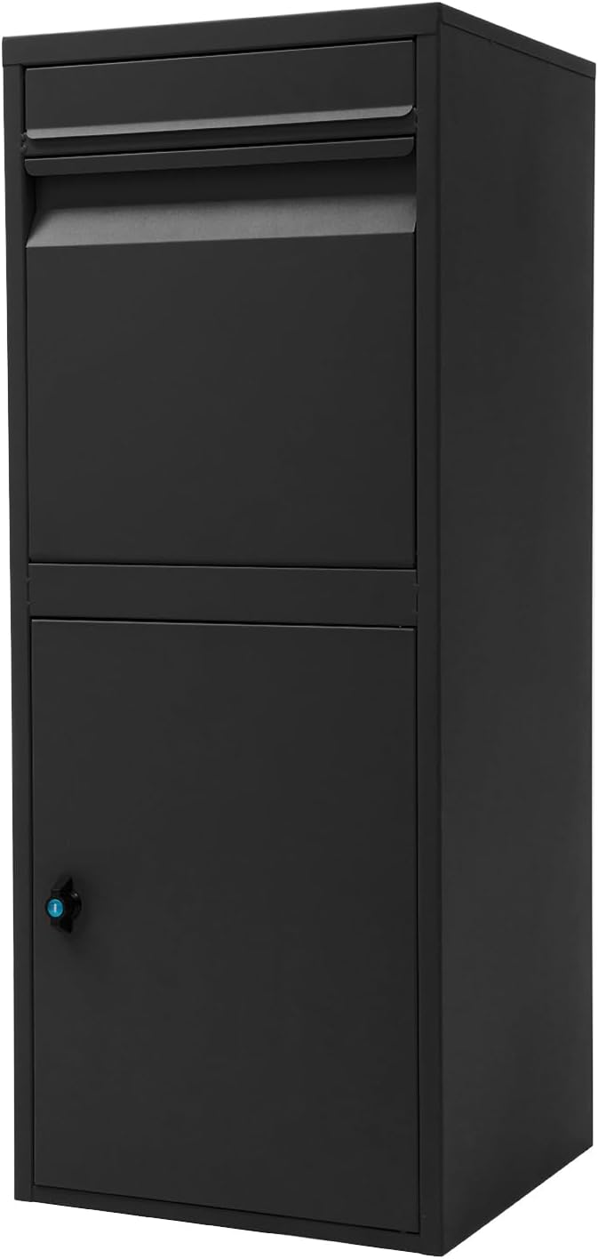 Black vertical mailbox with a small green handle on a white background