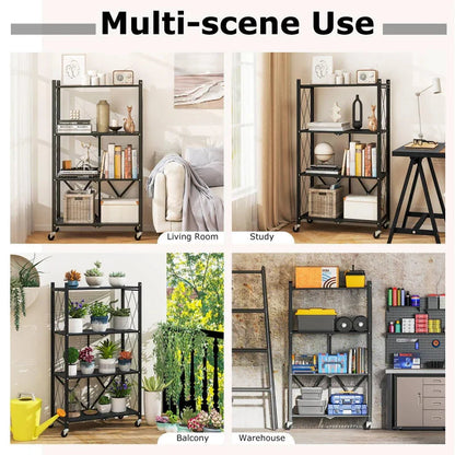 Foldable Shelving Unit 4-Tier Storage Shelf With Wheels
