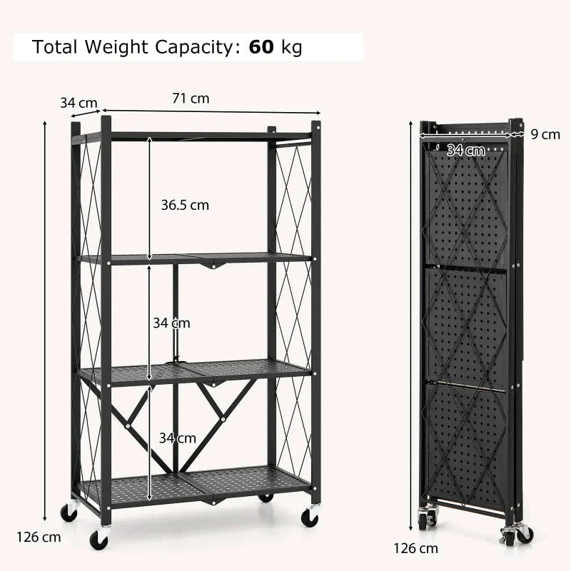 Foldable Shelving Unit 4-Tier Storage Shelf With Wheels