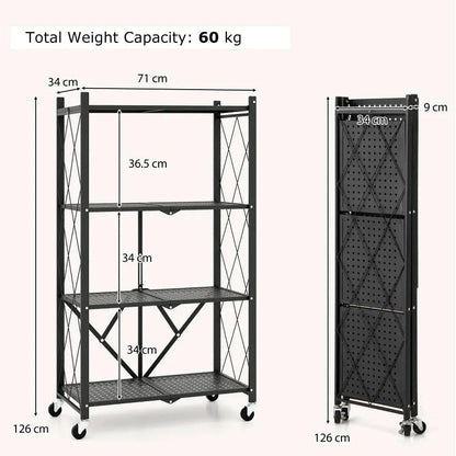 Foldable Shelving Unit 4-Tier Storage Shelf With Wheels