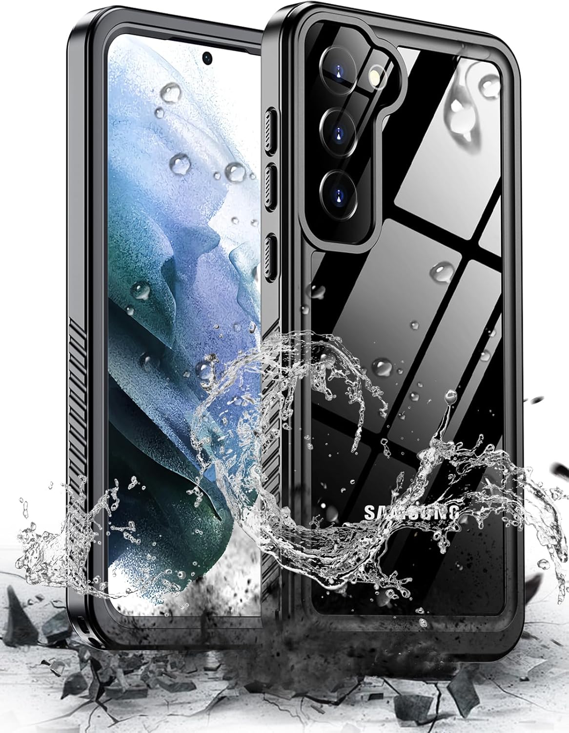 Samsung phone case with water splash design on a white background