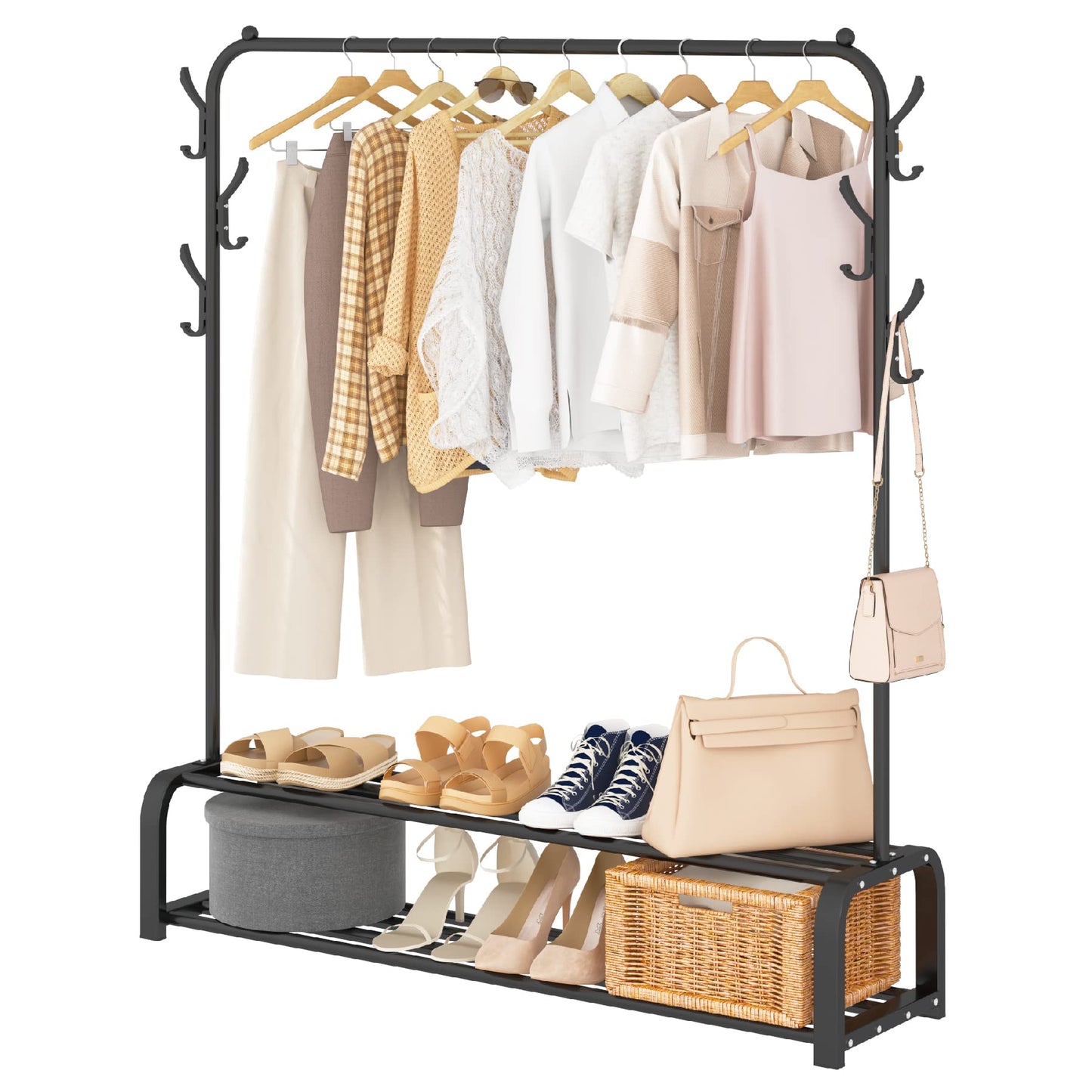 Clothes & Shoe Storage Shelf Black Rack for Bedroom & Entryway