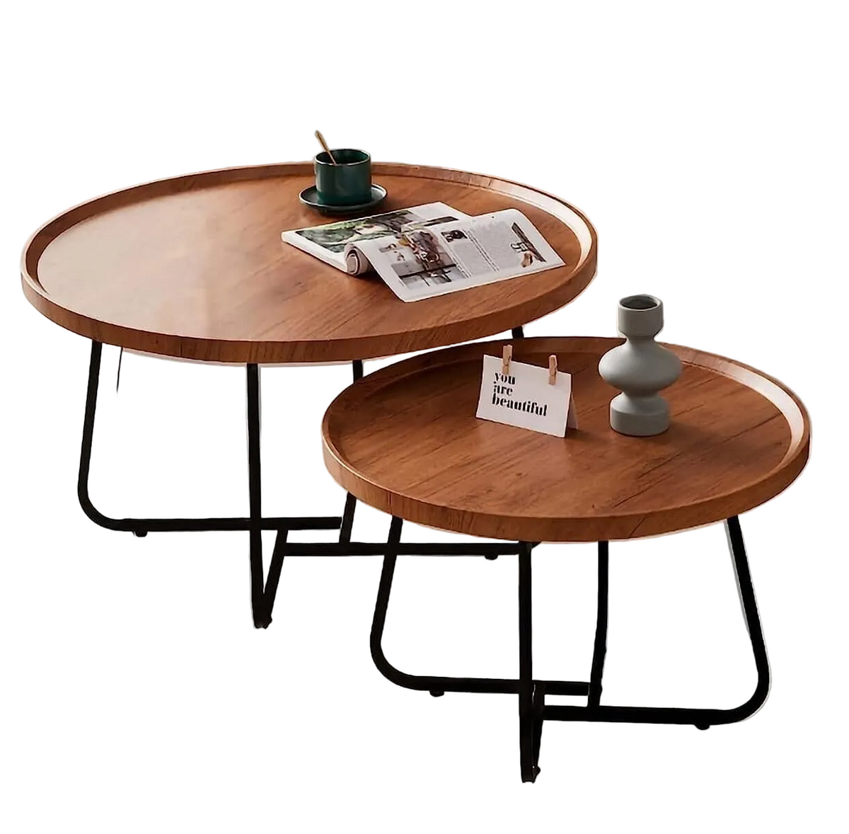 Wooden coffee table set with a magazine, mug, and small vase on a white background