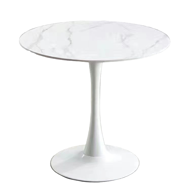 White round table with marble-like top on a gray floor.