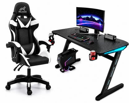 Gaming Setup Combo – Z-Shaped LED Computer Desk & Gaming Chair Set