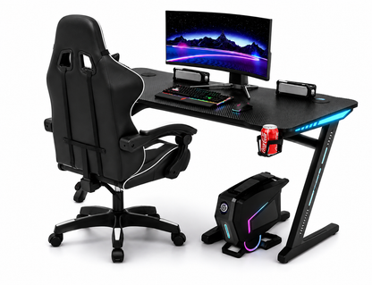 Gaming Setup Combo – Z-Shaped LED Computer Desk & Gaming Chair Set