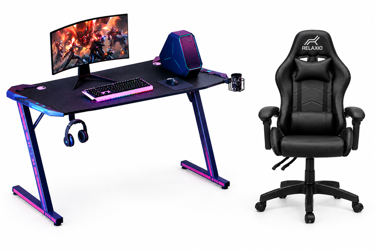 Ergonomic Gaming Chair & LED Z-Shaped Gaming Desk- Gaming Setup