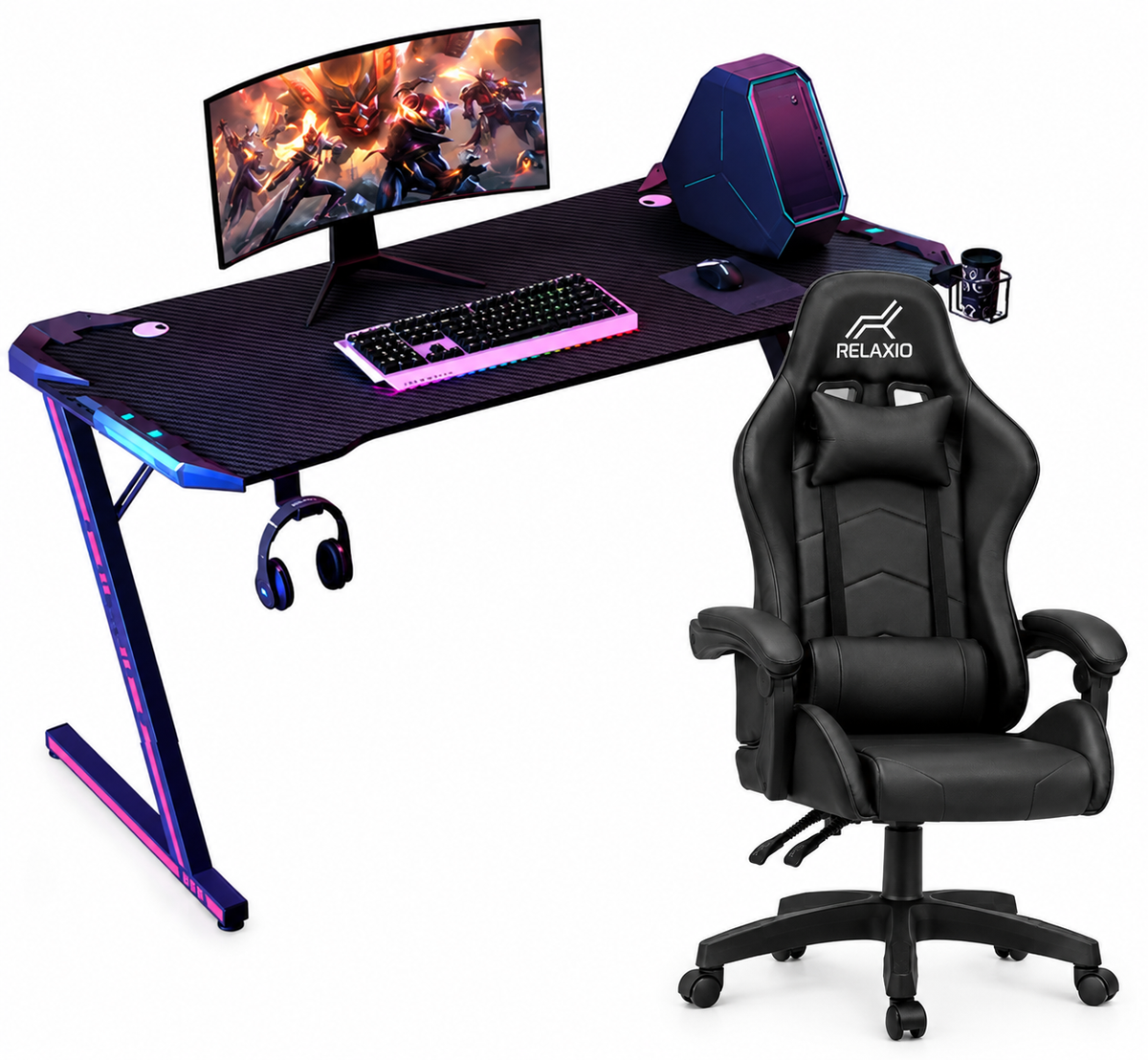 Ergonomic Gaming Chair & LED Z-Shaped Gaming Desk- Gaming Setup