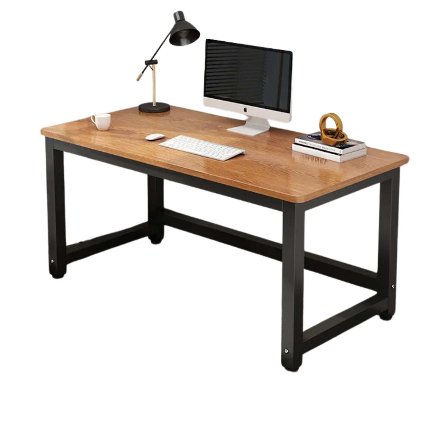 A black office desk with a computer monitor, keyboard, mouse, and a desk lamp on top.
