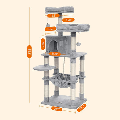 Multi-Level Cat Condo Tree Tower with Scratching Posts & Hammock 143Cm