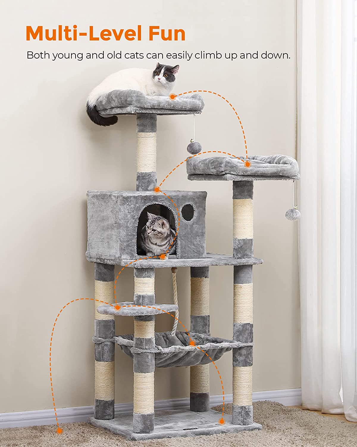 Multi-Level Cat Condo Tree Tower with Scratching Posts & Hammock 143Cm
