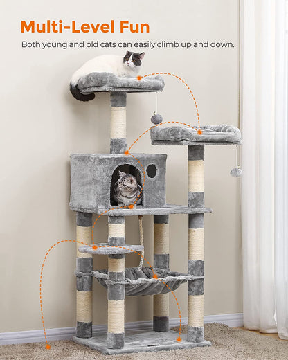 Multi-Level Cat Condo Tree Tower with Scratching Posts & Hammock 143Cm