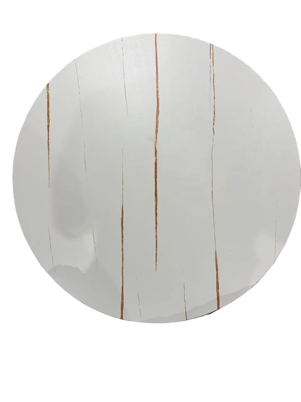 Round white board with brown vertical lines on a black surface