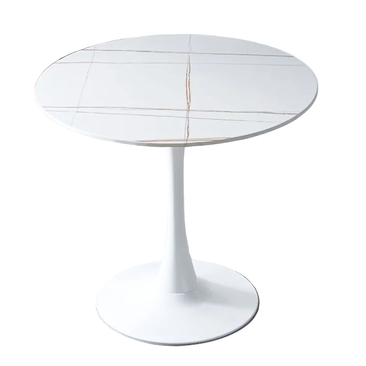 White round table in a room with light gray carpet and white curtains.