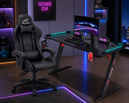 Gaming Desk with RGB Lights & Relaxio Gaming Chair – Black Combo set