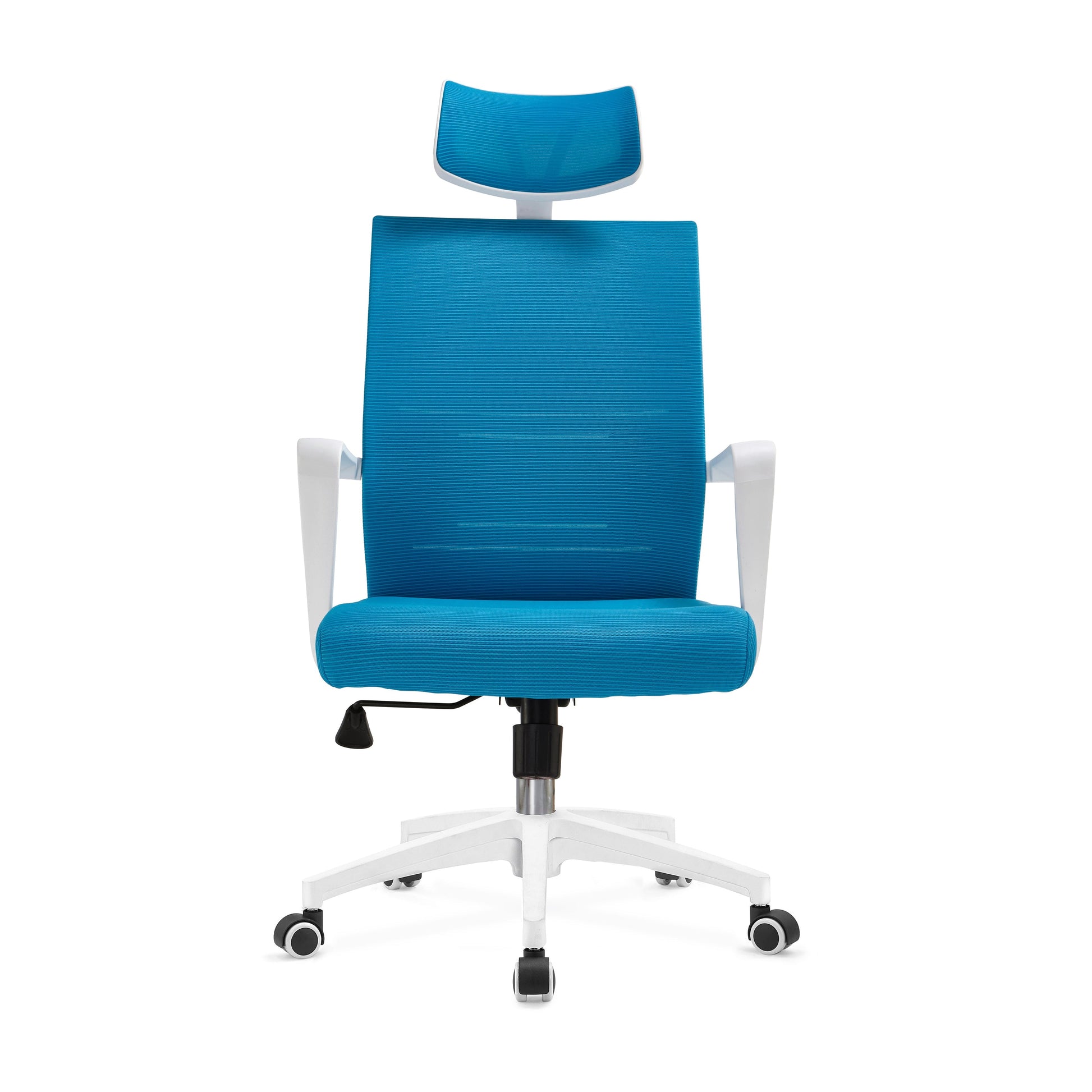 Blue office chair with white base on a white background