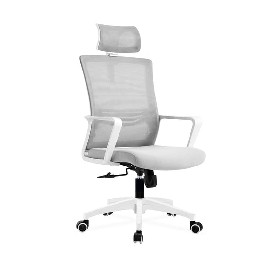 White office chair with mesh back and armrests on a white background