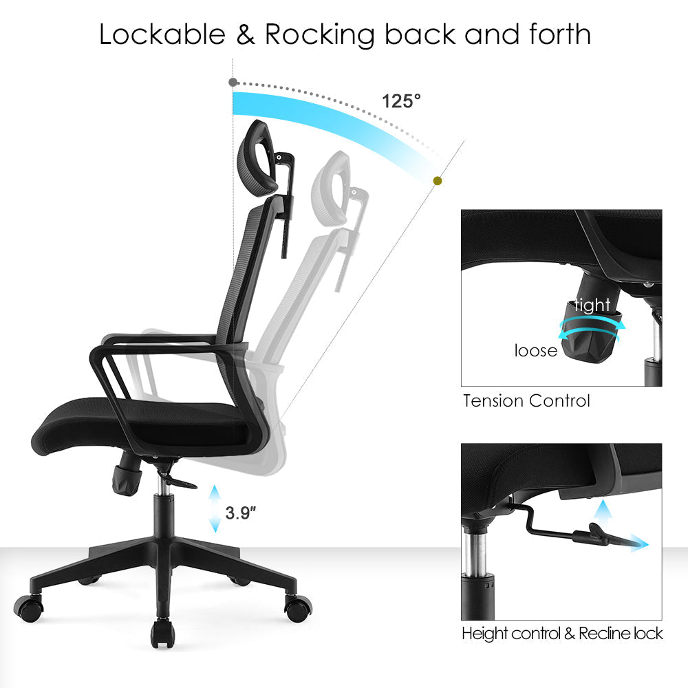 Illustration of a lockable and rocking office chair with detailed features on a white background.