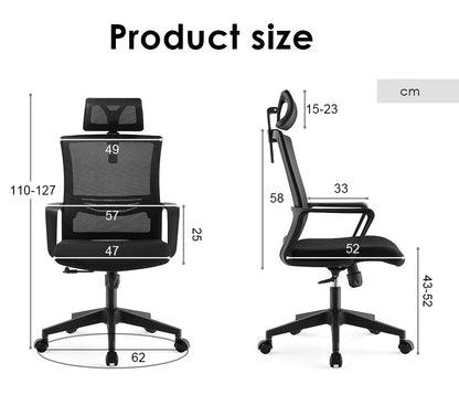Measurement chart of a black office chair with dimensions labeled in centimeters.