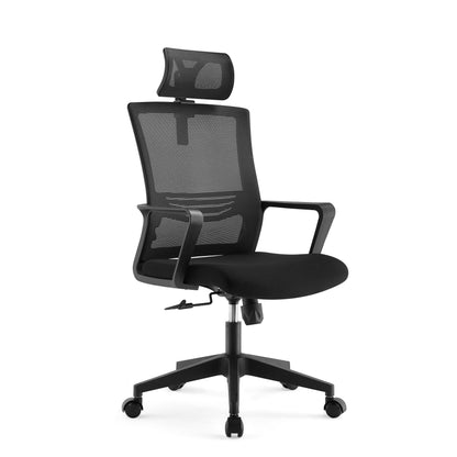Black office chair with mesh back and headrest on a white background