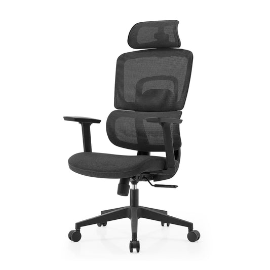 Black office chair with mesh back and headrest on a white background