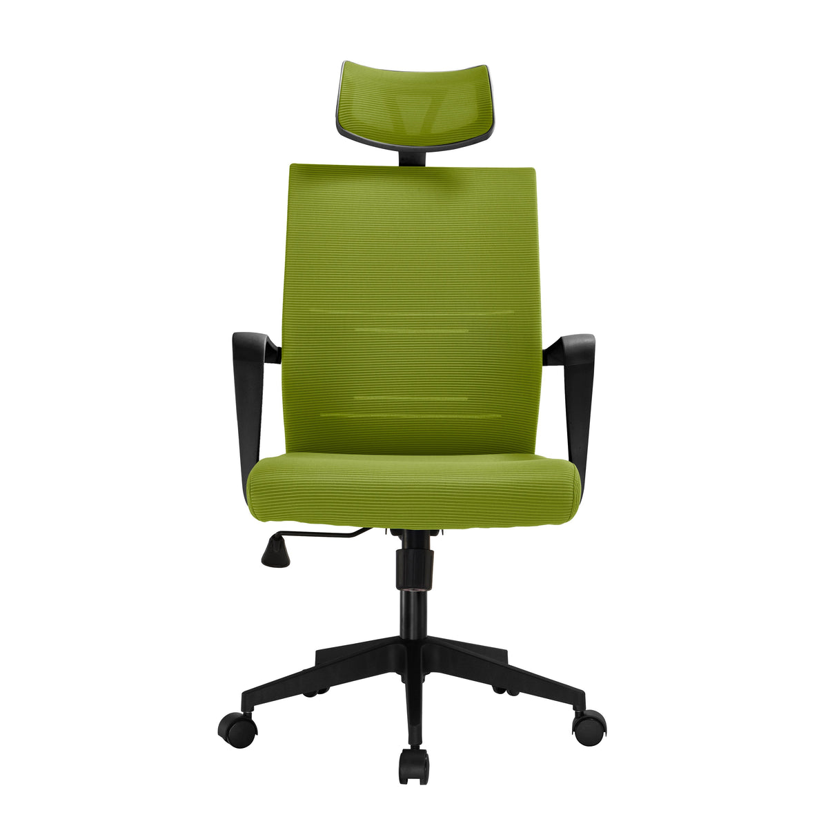 Green office chair with black base on a white background