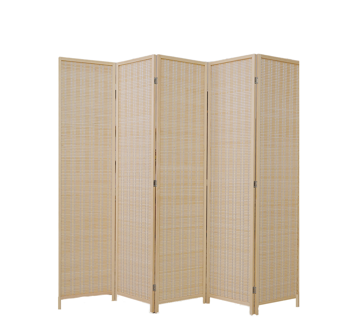 Beige woven room divider with five panels on a white background