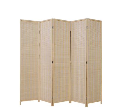 Beige woven room divider with five panels on a white background