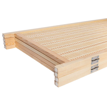 Wooden bed frame with slatted design on a white background