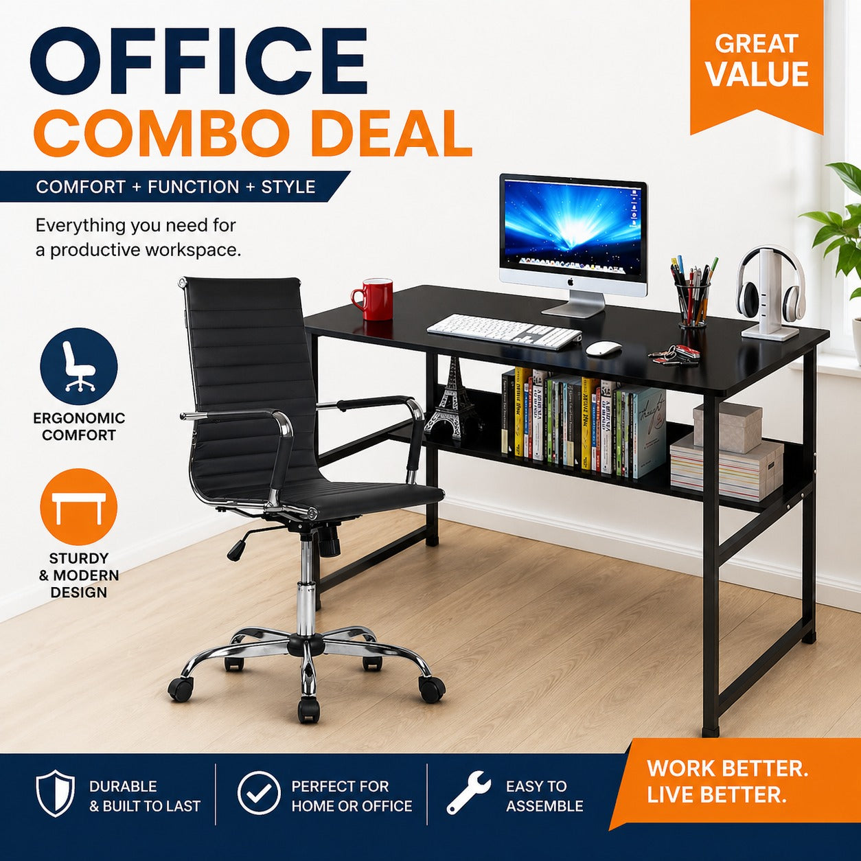 Modern Office Computer Desk and Ergonomic Chair Combo Set
