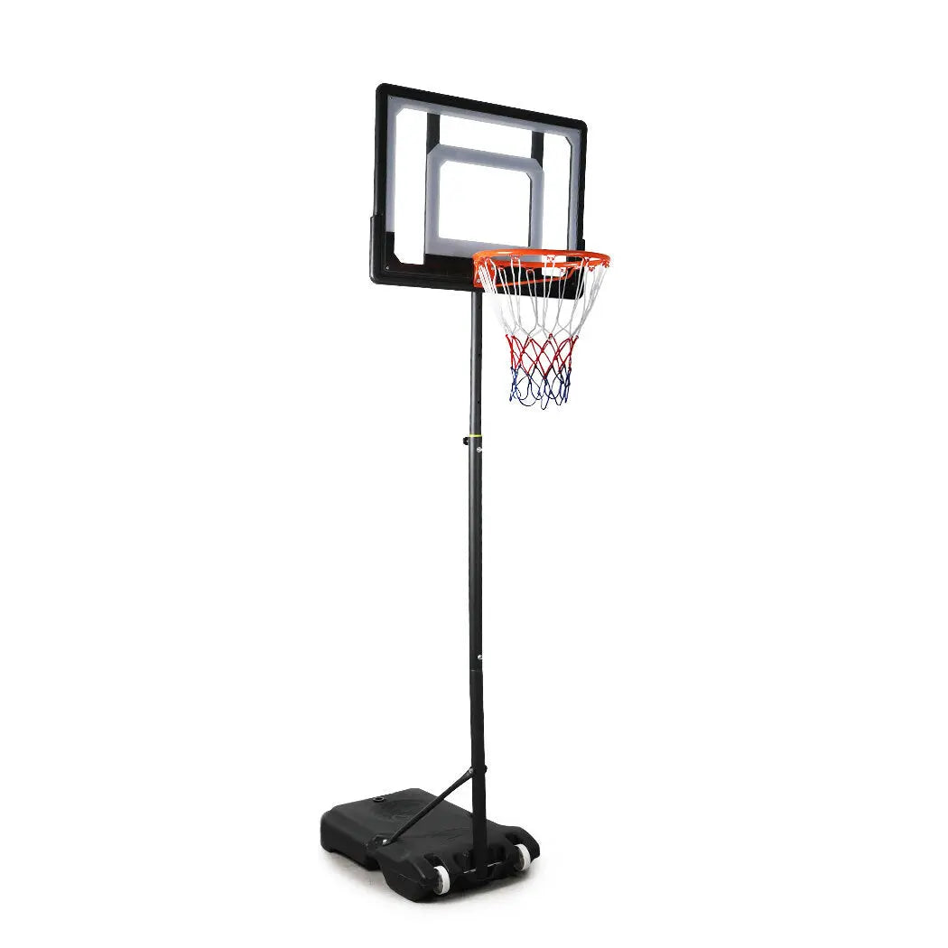 Portable basketball hoop with a black backboard and orange rim on a white background