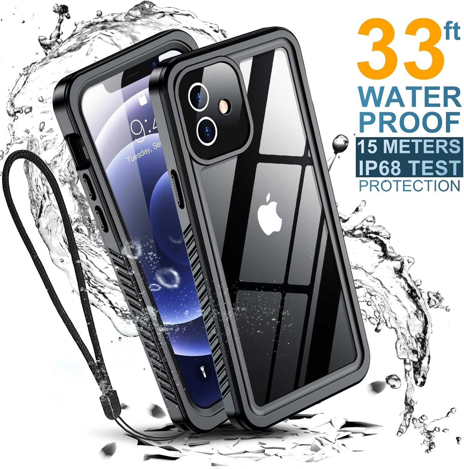 Phone case with water splash graphics and text indicating waterproof protection on a white background