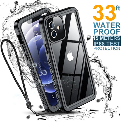 Phone case with water splash graphics and text indicating waterproof protection on a white background