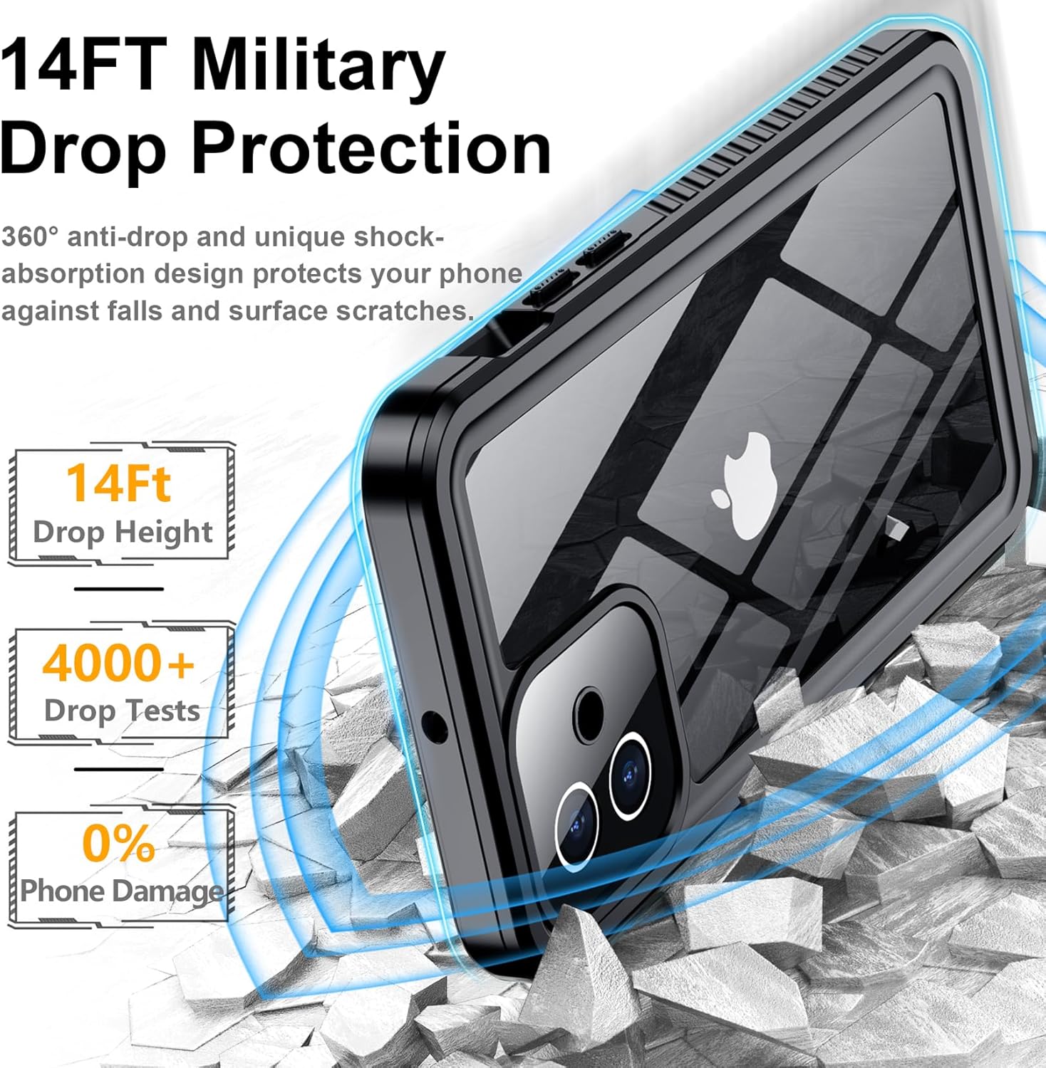 Phone case with 14FT military drop protection features on a white background