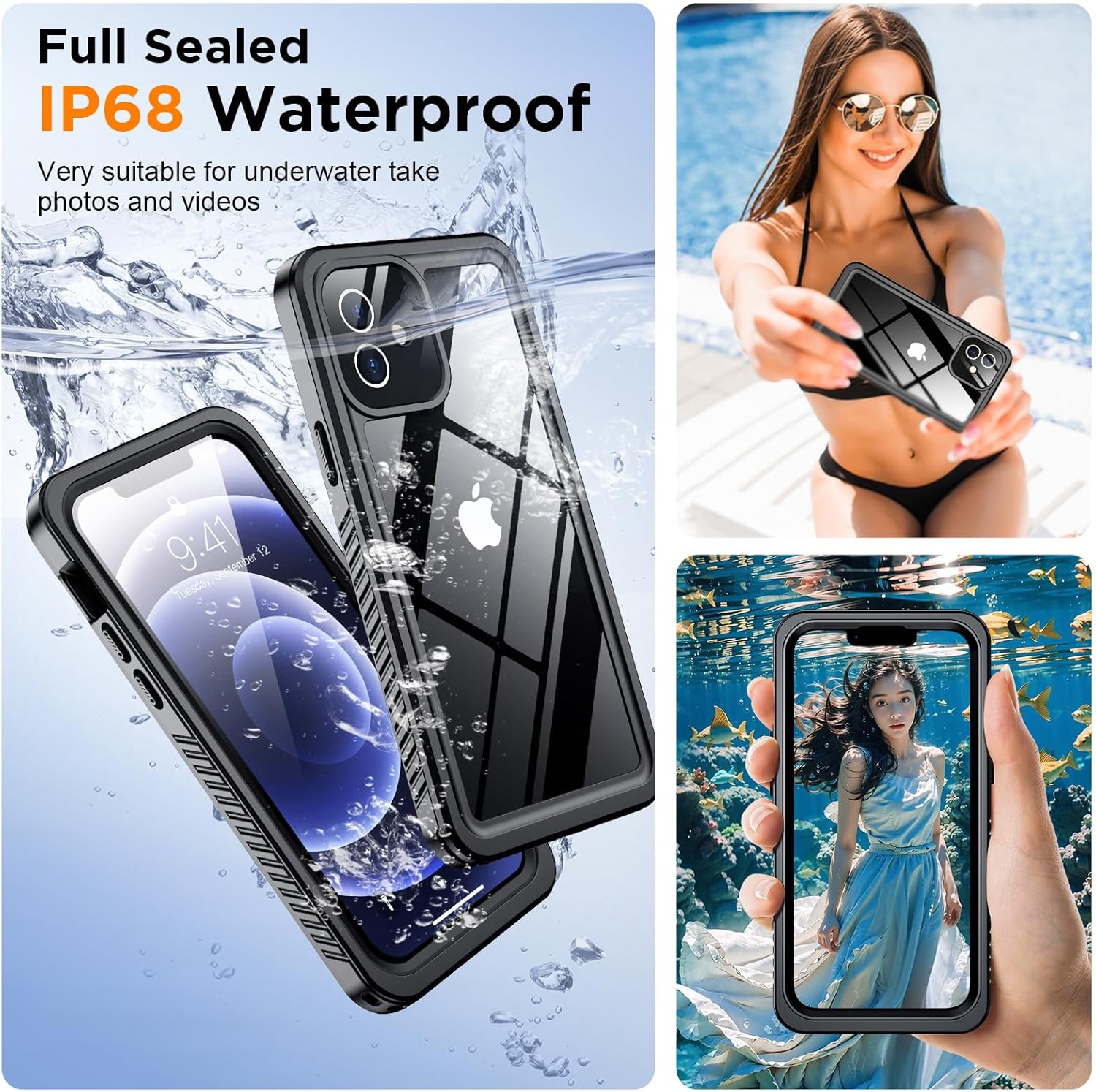 Waterproof phone case with IP68 rating, shown with phone and people using it underwater.