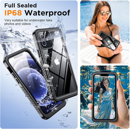 Waterproof phone case with IP68 rating, shown with phone and people using it underwater.