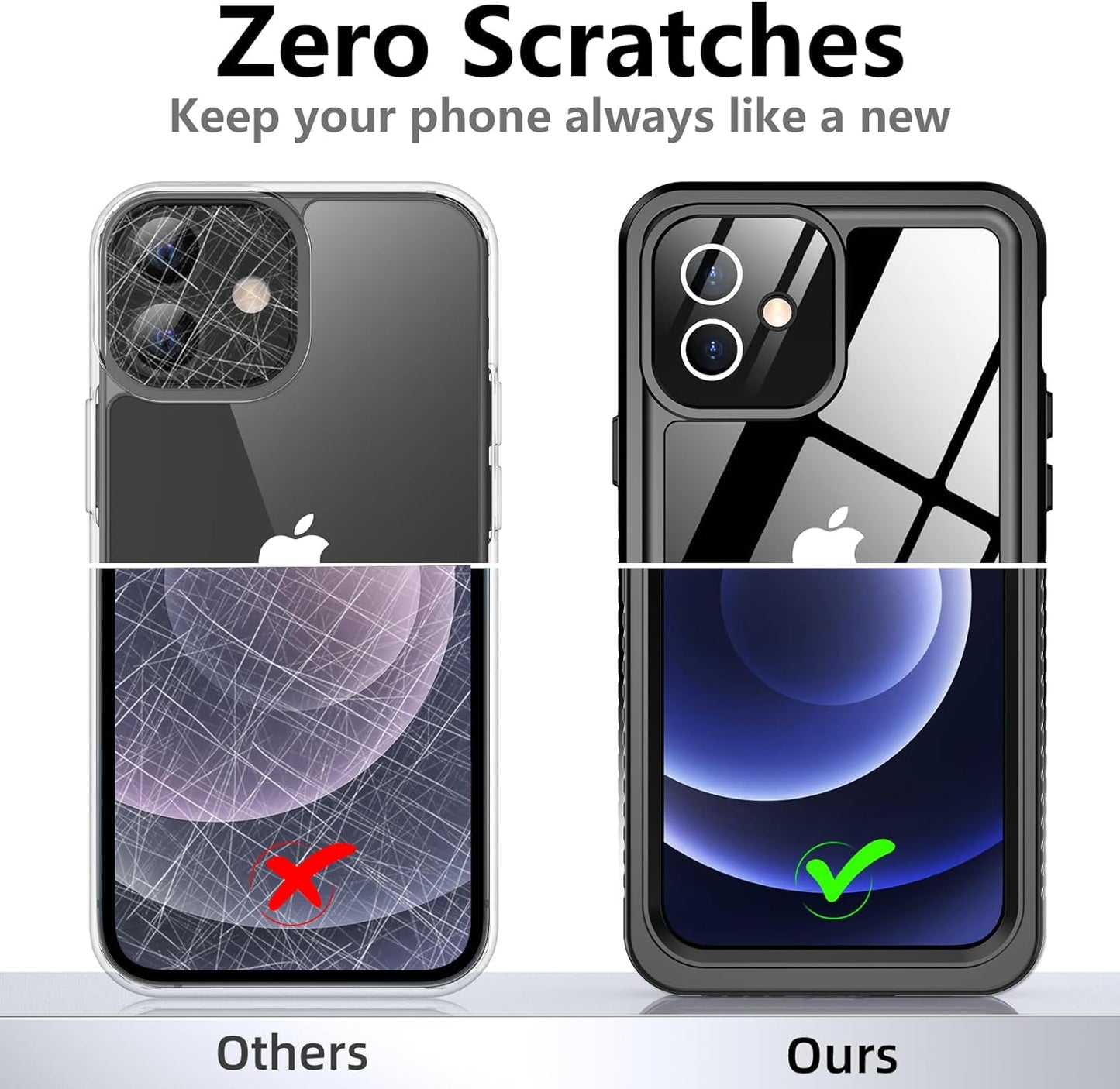 Phone case comparison showing 'Others' with scratches and 'Ours' without scratches, emphasizing scratch resistance.