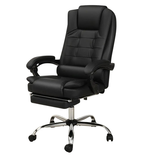 Black office chair with reclining feature on a beige floor and light background